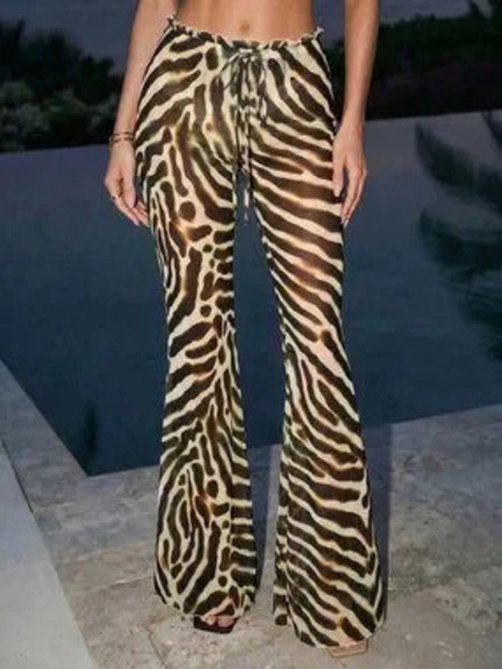ZARA Multicolor Sexy Women's Waist Ruffle Tie Design Zebra Print Flare Pants